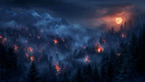 Forest is burning and got destroyed and smoke over forest . Wildfire natural disaster