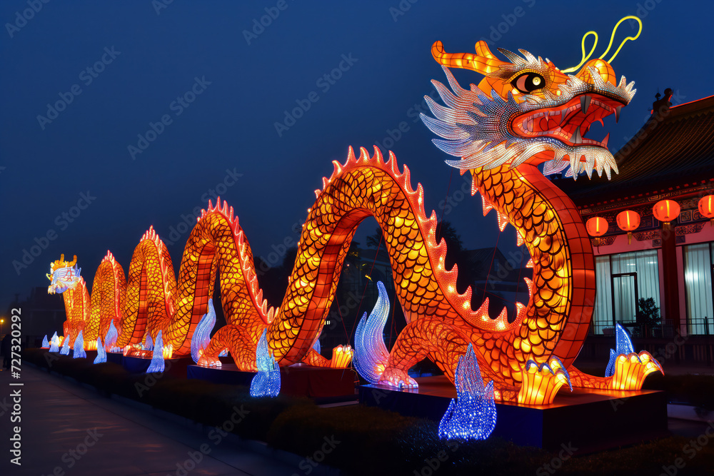 Celebration of the Chinese New Year in the night city - Lumining dragon Celebration of the Chinese New Year in the night city - Lumining dragon