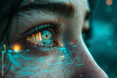 a close-up portrait of a person with a cybernetic eye