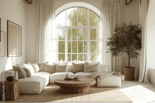a bright and airy living room with high arched windows, white walls and furniture © antusher