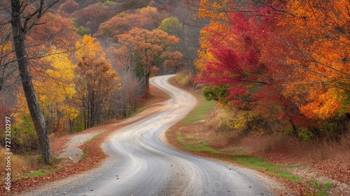 Hilly road winds its way through a canopy of autumn trees. The foliage bursts with warm hues of red, orange, and gold.