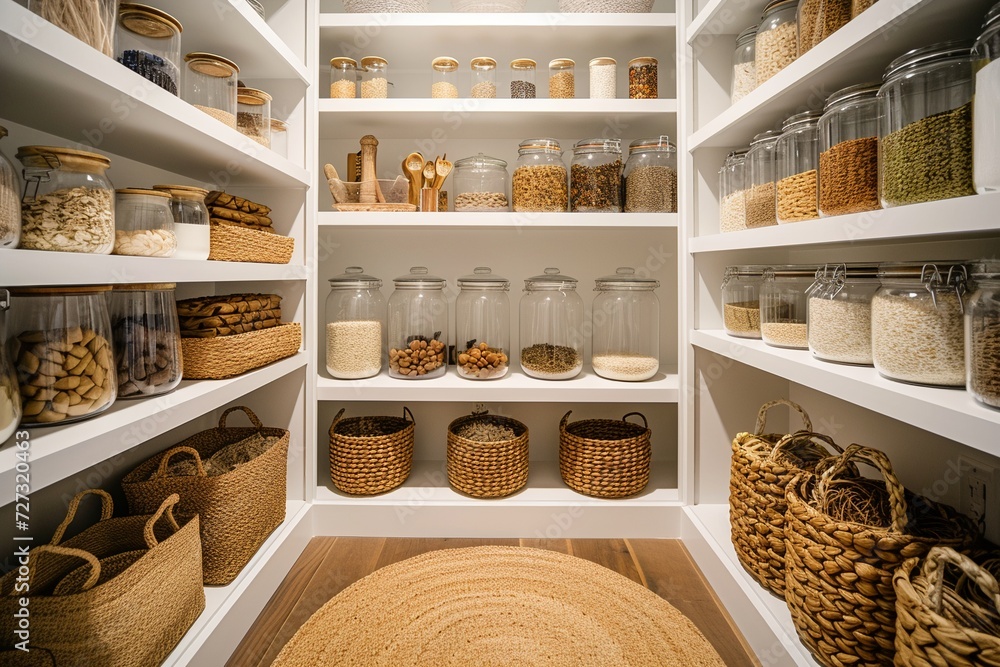 a well-organized pantry with white shelving, neatly labeled clear jars a well-organized pantry with white shelving, neatly labeled clear jars