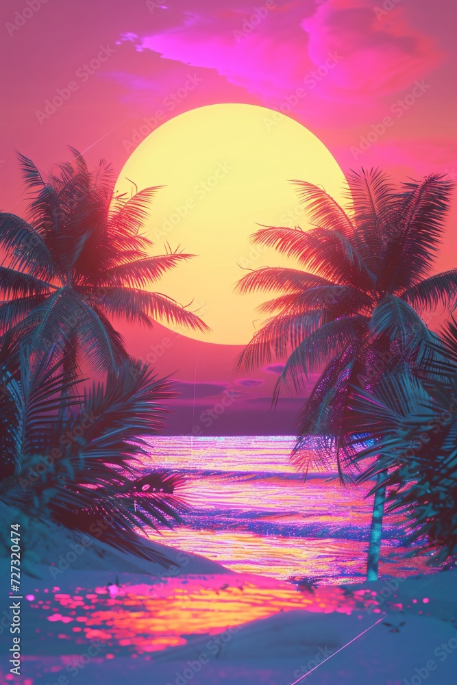 Tropical beach sunset with palm trees. Synthwave, retrowave, vaporwave aesthetics. Retro style, webpunk, retrofuturism. 90s and 2000s era. Summer vacation concept. Wallpaper, poster design