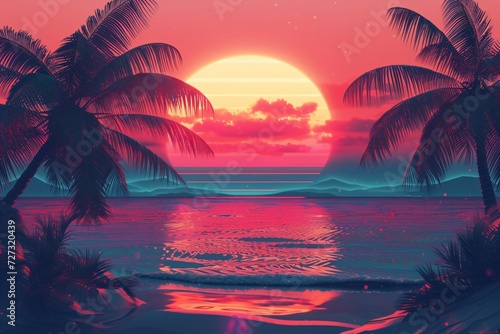 Palm silhouette on vibrant sunset on a beach. Synthwave, retrowave, vaporwave aesthetics. Retro style, webpunk, retrofuturism. 90s and 2000s era. Summer vacation concept. Wallpaper, poster design