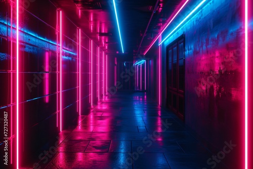Corridor with neon lights background. Futuristic abstract design for banner, poster, wallpaper. Cyberpunk aesthetics. 