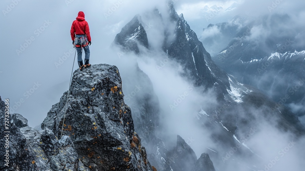 Obraz premium A lone climber in red scaling a sheer rocky cliff, misty mountain peaks in the background