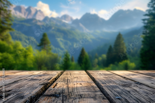 Wood Table against Blurry Mountain Backdrop