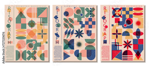 Collection of vertical poster with riso print effect. Abstract geometric risograph pattern risograph style