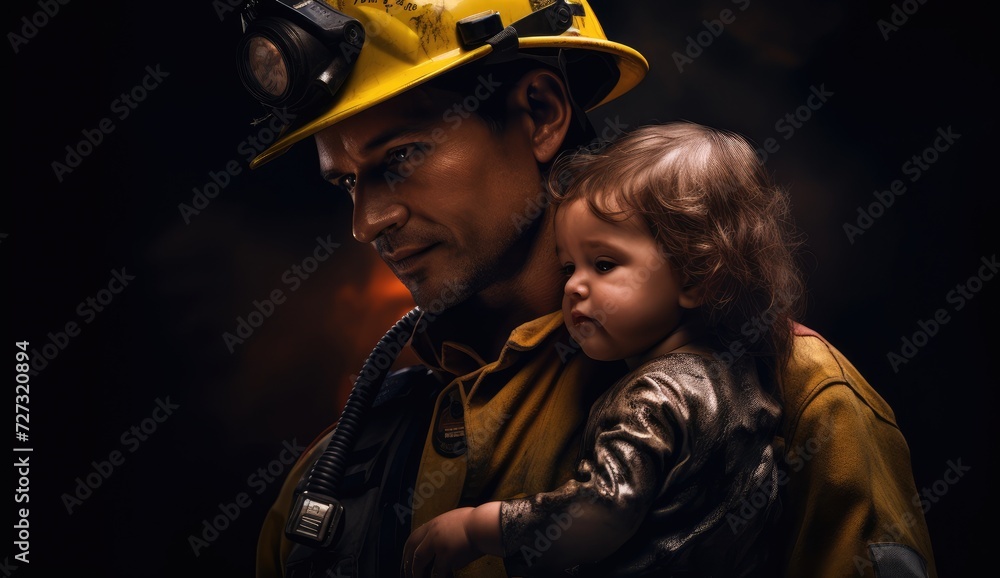 A heroic fireman bravely holding a baby while rushing out of a burning house, epitomizing courage and compassion in the face of danger. - obrazy, fototapety, plakaty 