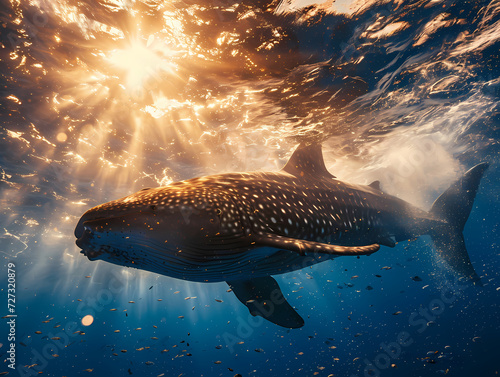 Underwater photo of large size whale swimming in the ocean  wild nature with spectacular lighting. Documentary style image.