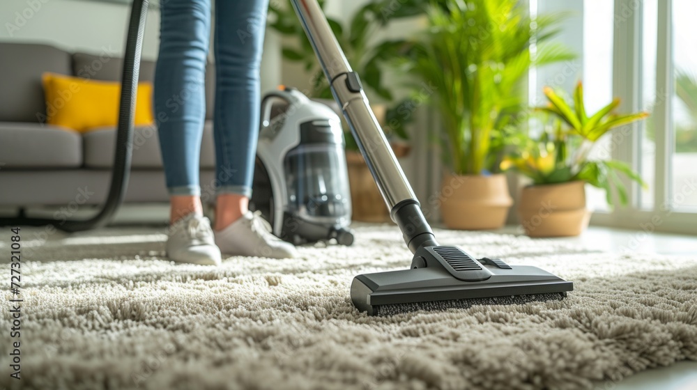 A woman vacuums a carpet with fluffy light pile in a modern cottage.