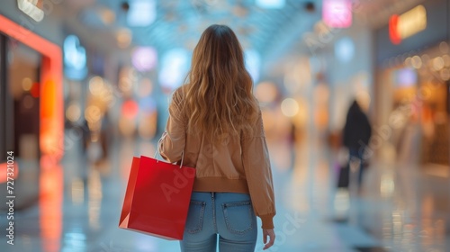 A young girl with a red shopping bag walks through a shopping center
