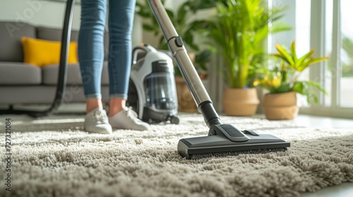 A woman vacuums a carpet with fluffy light pile in a modern cottage.