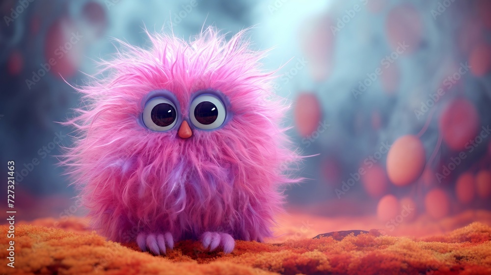 Naklejka premium Pink fuzzy owl with big eyes with blur background AI Generated
