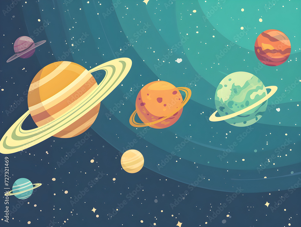 Whimsical Outer Space Scene Illustration with Stylized Planets and Saturn-like Celestial Body, Galaxy Nebula Teal Backdrop - Concept of Cosmic Diversity and Astronomy