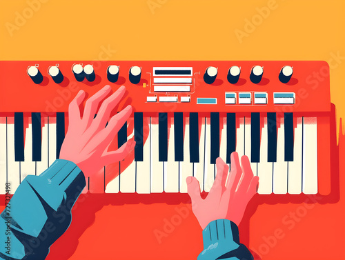 Vibrant Modern Music Creation: Hands on Red Electronic Keyboard with Complex Controls, Musical Score Display, Warm Orange Background - Concept of Digital Music Production, Creative Passion, Entertainm photo