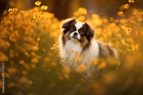 Leinwand Poster Japanese chin dog sitting in meadow field surrounded by vibrant wildflowers and