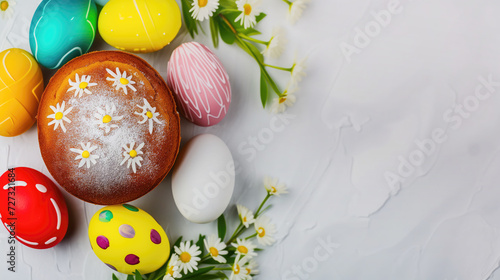 Religious tradition: Orthodox Easter cake adorned with colorful eggs, a symbol of renewal, text space