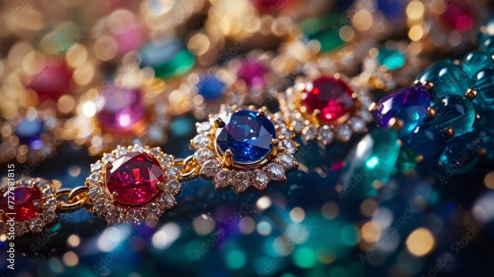 An abstract composition of radiant jewelry, featuring radiant sapphires, rubies, and emeralds in a harmonious array.