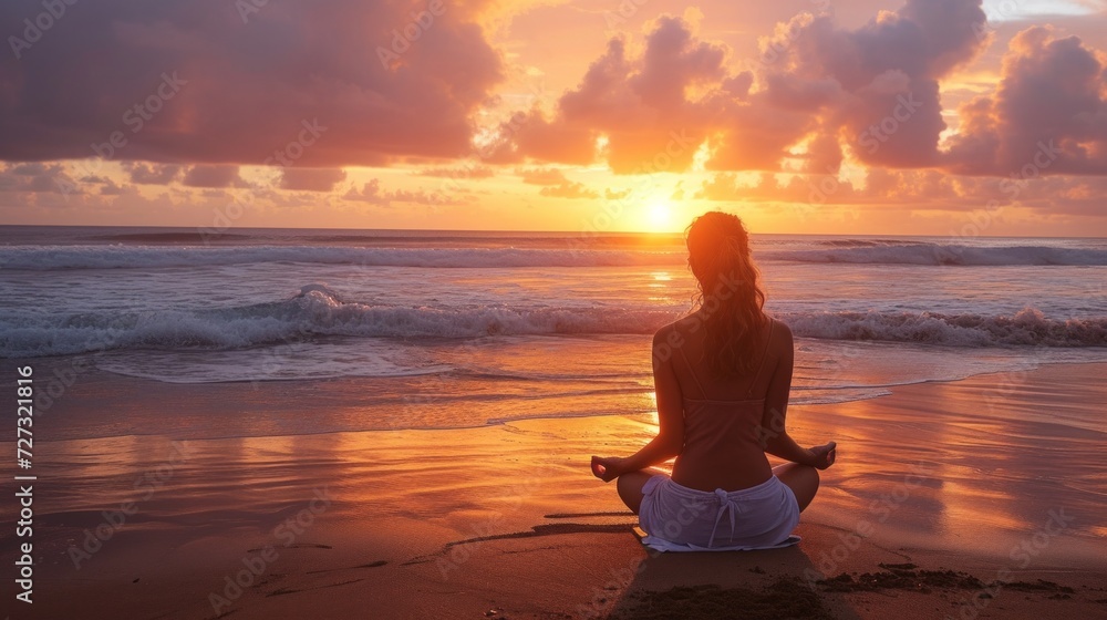 A woman meditating at sunrise on a serene Bali beach, with gentle waves and a tranquil atmosphere.