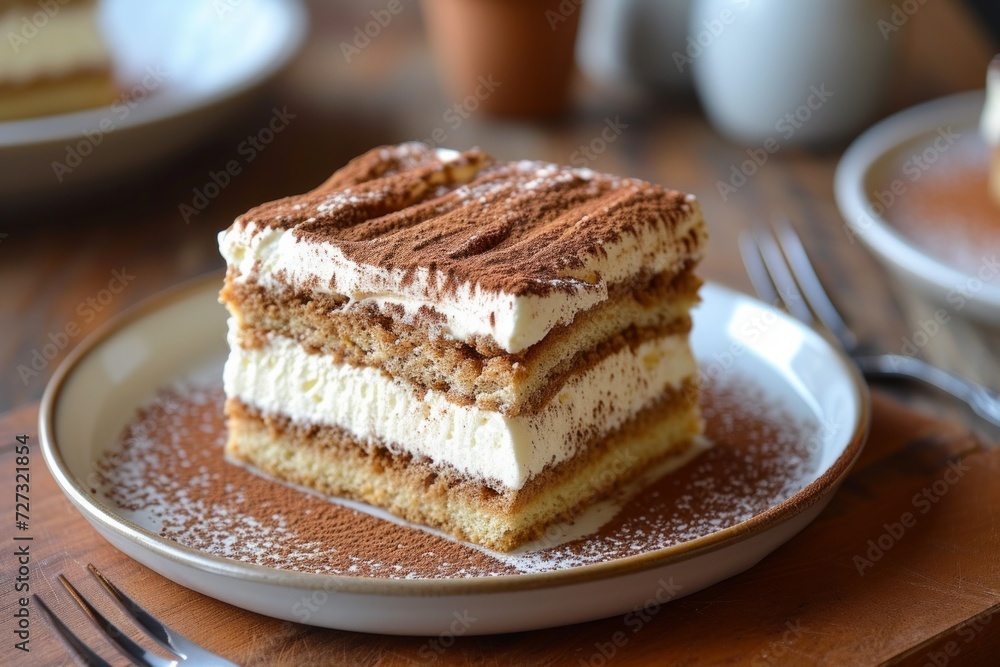 An indulgent tiramisu, layered with espresso-soaked ladyfingers and mascarpone cream, dusted with cocoa powder An indulgent tiramisu, layered with espresso-soaked ladyfingers and mascarpone cream, dusted with cocoa powder