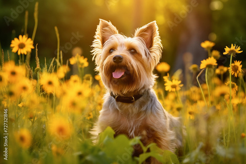 Silky terrier dog sitting in meadow field surrounded by vibrant wildflowers and grass on sunny day ai generated photo