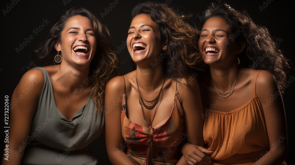 group portraits of dark skinned Indian women from Malaysia against a dark blue background, laughing
