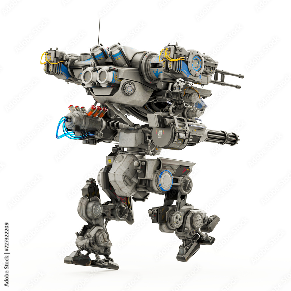 mega mech enforcer is walking on cool rear side view mega mech enforcer is walking on cool rear side view