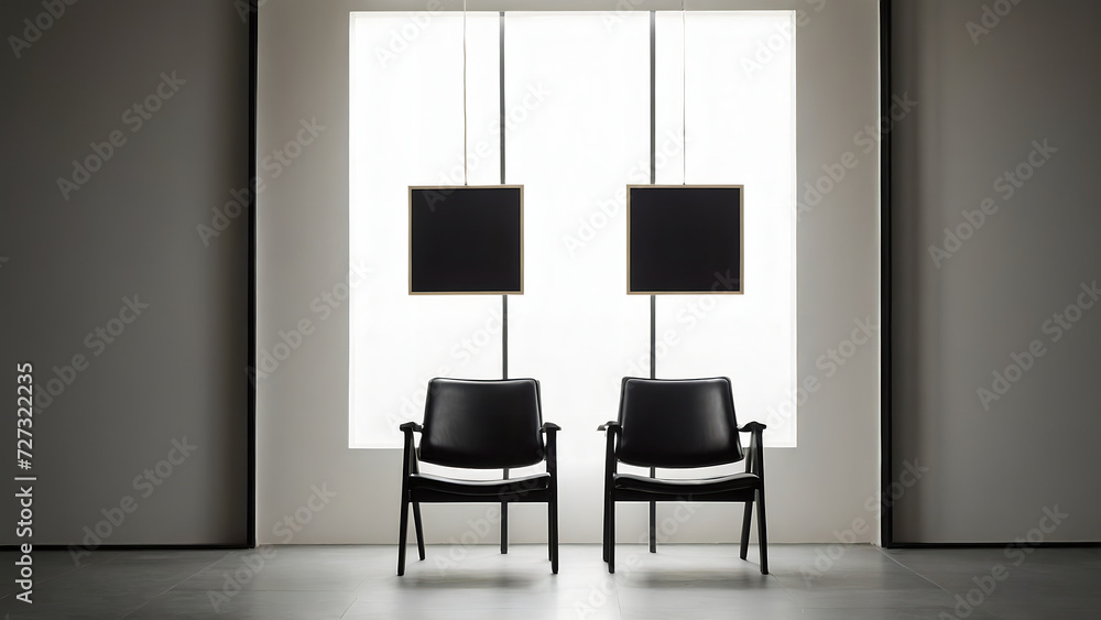 Window-side Retreat: Modern Office Interior Invites Relaxation with Dual Black Chairs Window-side Retreat: Modern Office Interior Invites Relaxation with Dual Black Chairs