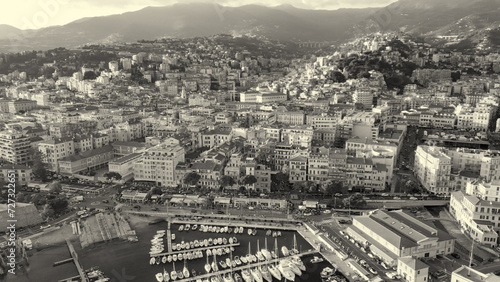 Sanremo, Italy. Aerial view of city port and skyline