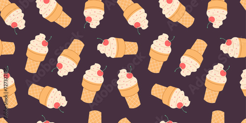 Seamless pattern ice cream with a waffle cup
