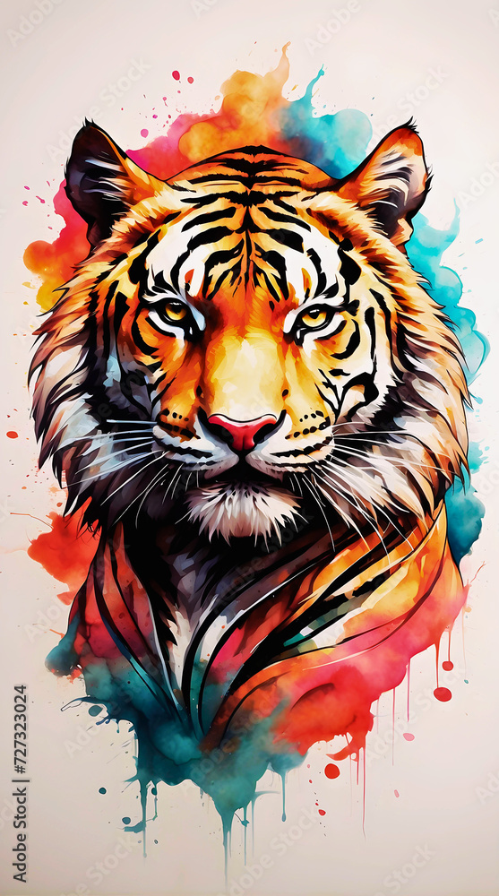 Behold the majestic giant tiger in a vibrant sticker—king of the jungle, its colorful presence evoking both awe and a touch of terribleness in this captivating image.