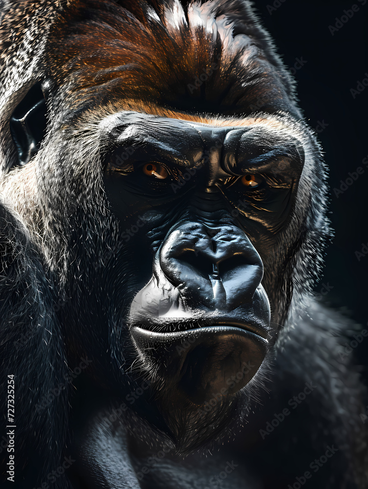 Close up portrait of an angry gorilla coming out of the darkness. High quality and sharp photographic image. Ape with a disturbing look. Close up portrait of an angry gorilla coming out of the darkness. High quality and sharp photographic image. Ape with a disturbing look.