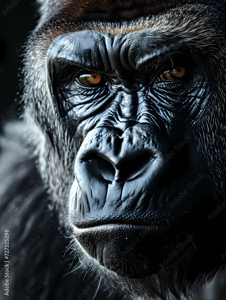 Close up portrait of an angry gorilla coming out of the darkness. High quality and sharp photographic image. Ape with a disturbing look.