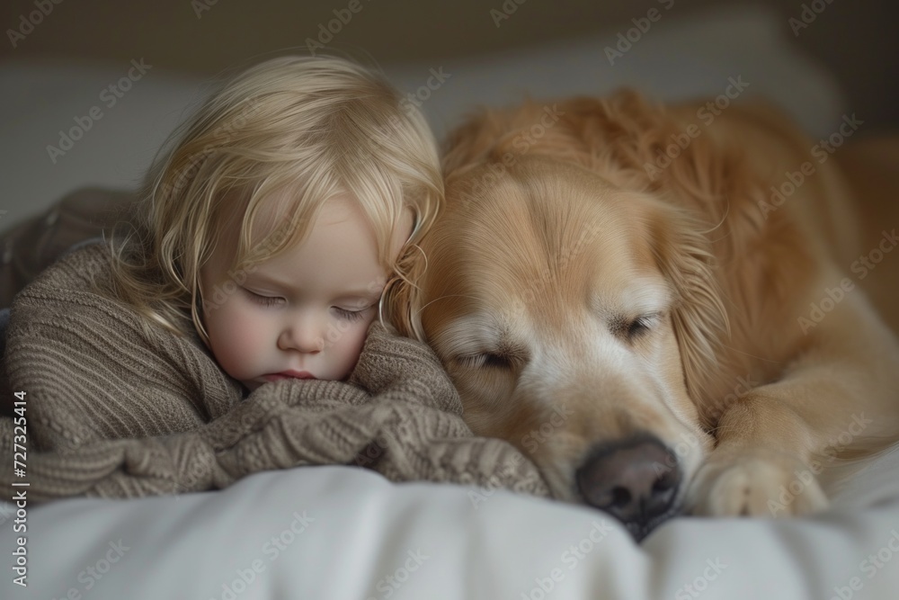 Gentle Golden Retriever cuddling with a sleepy toddler, radiating pure love Gentle Golden Retriever cuddling with a sleepy toddler, radiating pure love