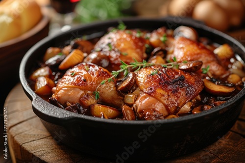 Coq au Vin: A rich, rustic stew featuring chicken simmered in red wine with mushrooms and onions.