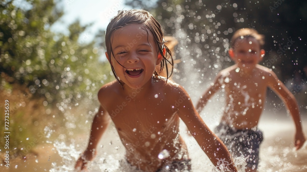 Obraz premium Children running through sprinklers, their faces lit up with joy on a sunny day.