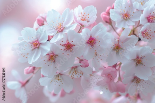 Delicate cherry blossoms in soft pinks and whites, dancing in a dreamlike spring breeze.