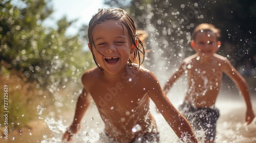 Children running through sprinklers  their faces lit up with joy on a sunny day.
