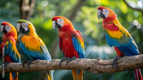 colorful exotic parrots perched on branches.
