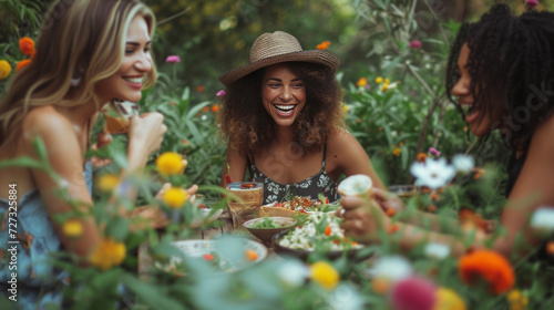 Friends enjoying a picnic amidst blossoming flowers, sharing laughter and del...