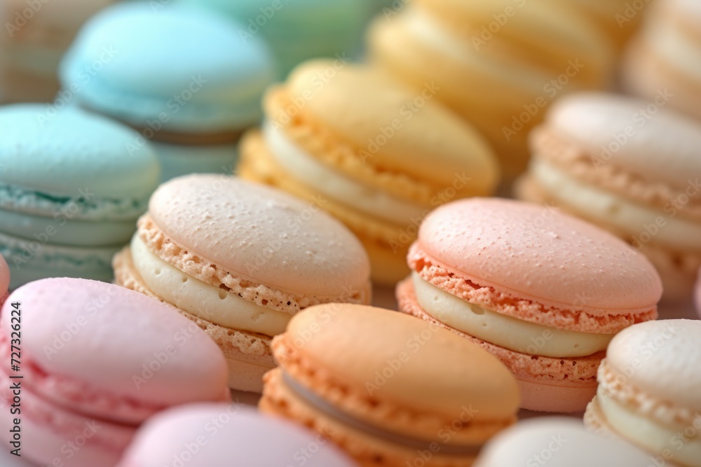 Obraz premium Delicate French macarons in a rainbow of pastel colors, offering a symphony of flavors with each bite.