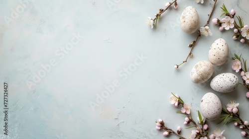 Pastel Easter Fantasy: Decorated Eggs and Soft Florals on a Dreamy Blue Canvas with Open Copy Space for Text