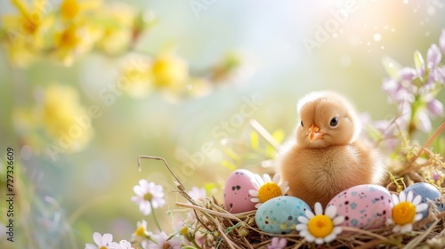 Charming Easter Delight: A Fluffy Chick Amidst Colorful Eggs and Spring Blossoms