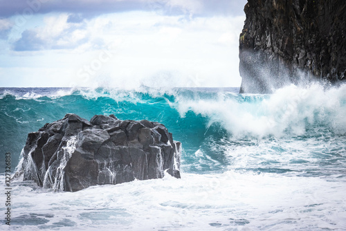 ribeira da janela, madeira, big waves crashing at the shore, surf, tube, breaking, island, portugal,  photo