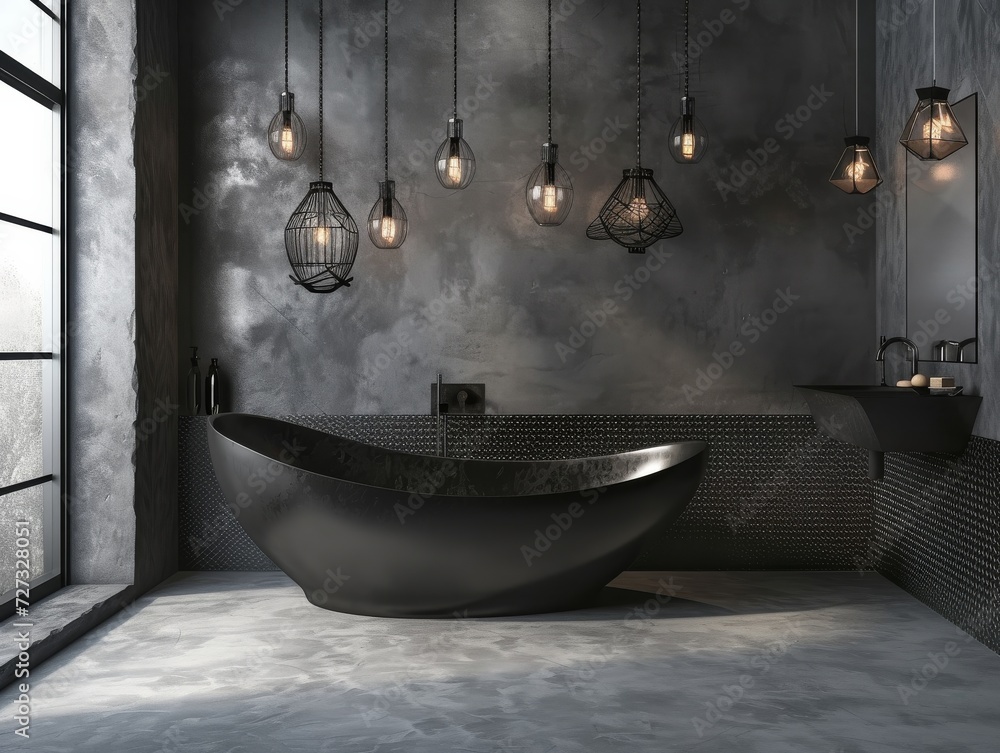 An elegant black bathtub stands against a white wall in a modern indoor bathroom, accented by a sleek sink and stylish plumbing fixtures, while soft light reflects off the glossy tub and illuminates 