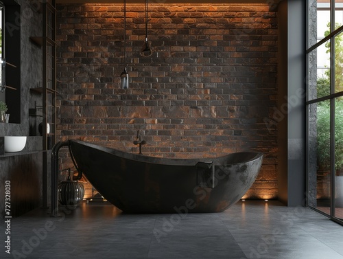 A large brick wall frames a ship-shaped bathtub, sitting on the stone floor of an indoor bathroom with a window overlooking a boat-filled outdoor scene