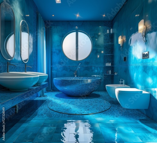 Immerse yourself in tranquility with an indoor oasis of aqua hues, where a turquoise tub and sinks rest against a teal wall, surrounded by the soothing sound of running water from the plumbing fixtur photo