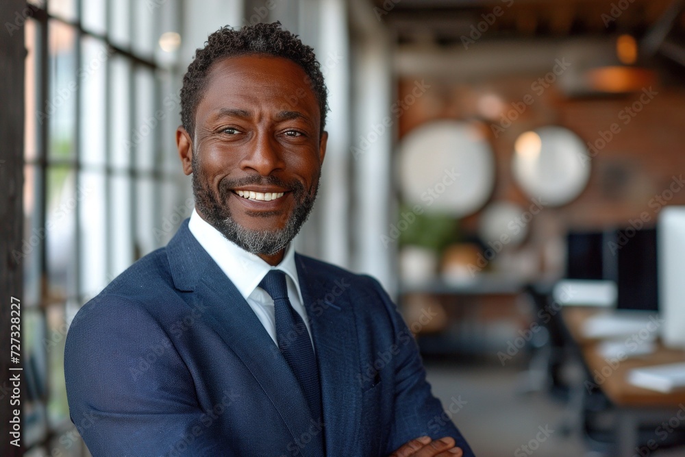 Confident and stylish black businessman in a modern office, exuding professionalism and happiness, with a focus on success. Confident and stylish black businessman in a modern office, exuding professionalism and happiness, with a focus on success.