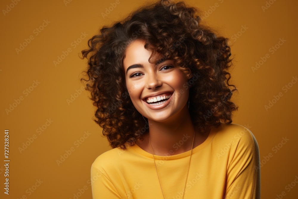 Joyful young woman with curly hair exudes beauty and confidence in a stylish studio portrait. Joyful young woman with curly hair exudes beauty and confidence in a stylish studio portrait.